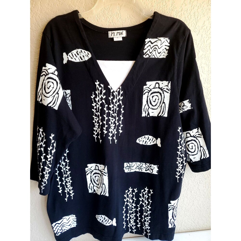 M. Max Black White Fish Turtle Print Top Artsy Boho Coastal Graphic Tee Black L